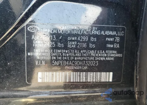 2013 Hyundai Sonata Gls z USA, uszkodzony, nr VIN 5NPEB4AC9DH732023